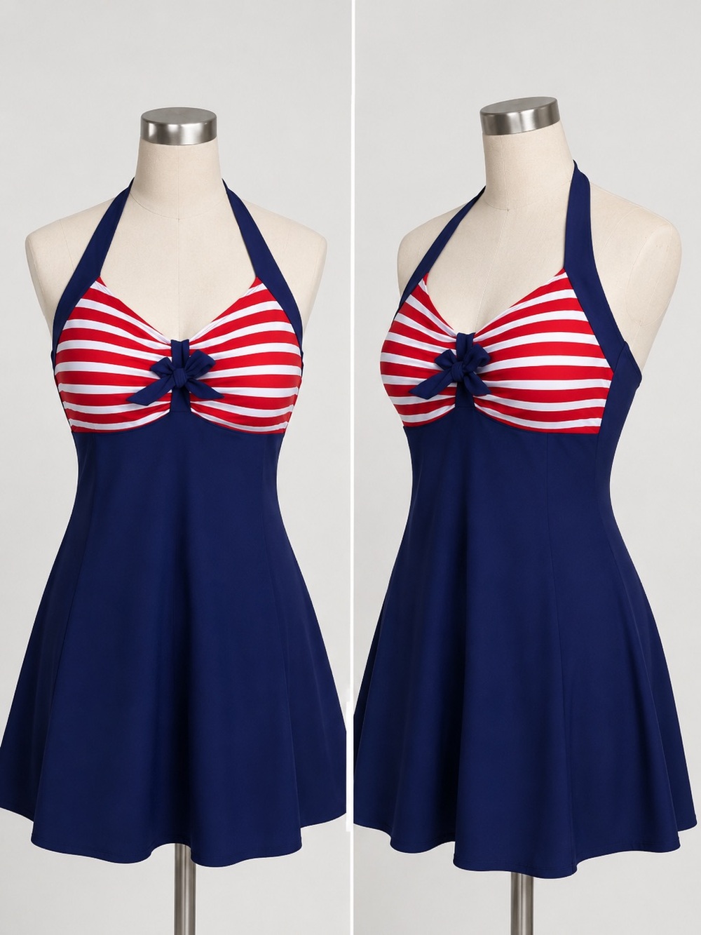 #S42 Navy Halter Swim Dress with Red & White Striped Bust - L